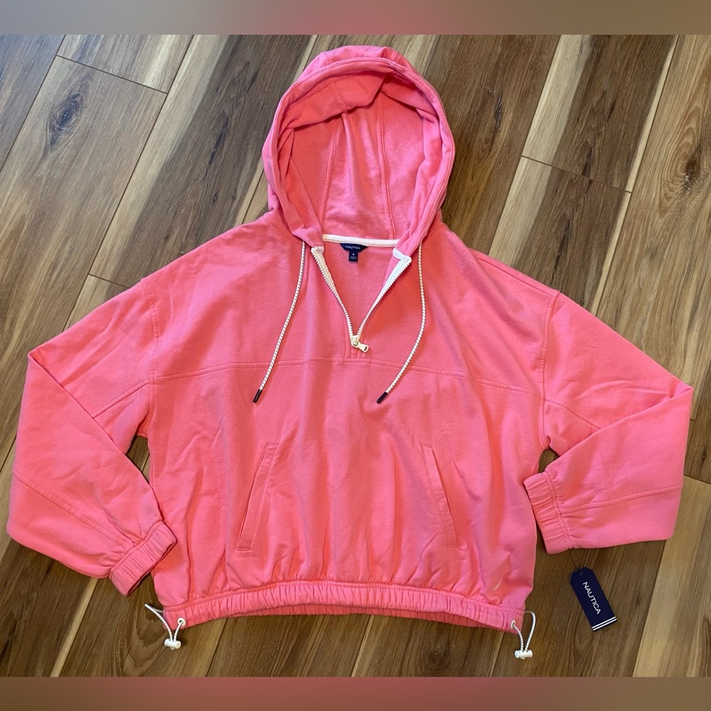 NWT Nautica pink Carnation Holliday crop 1/4 zip hoodie